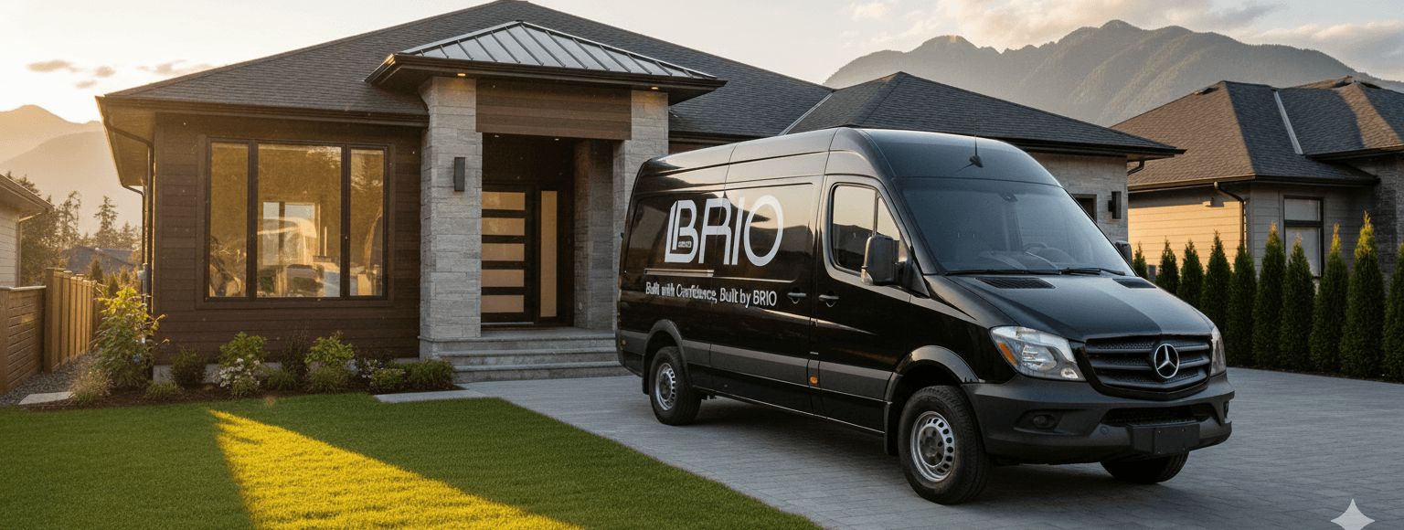 BRIO Construction van in front of a custom home
