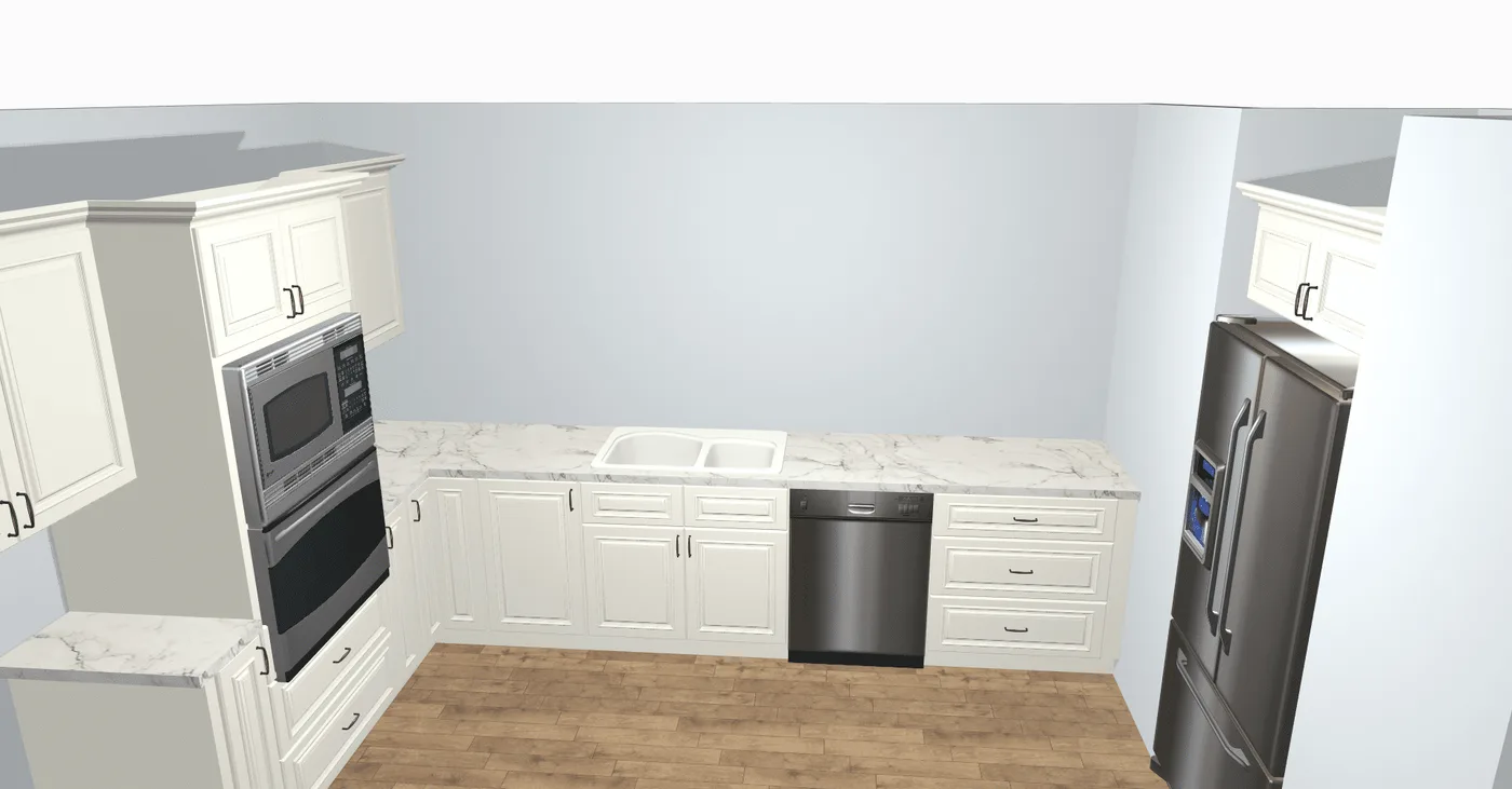 Basement kitchenette cabinet layout rendering for storage and appliance placement