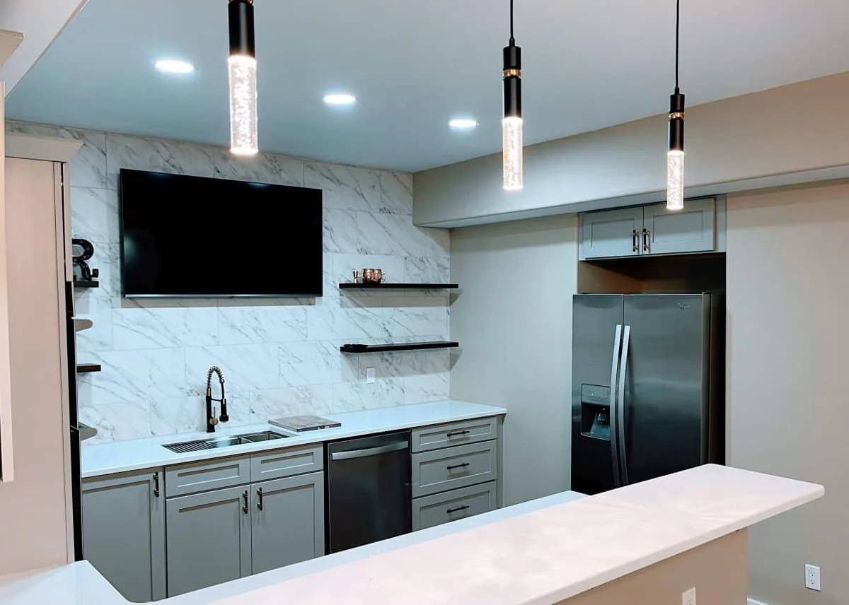 Finished Burnaby basement kitchenette and bar area