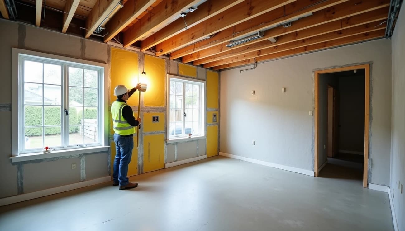 A contractor measuring a half-finished room in a secondary suite of a single family house