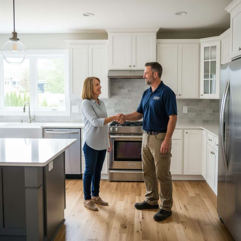 a contractor and homeowner shaking hands in a newly renovated kitchen.