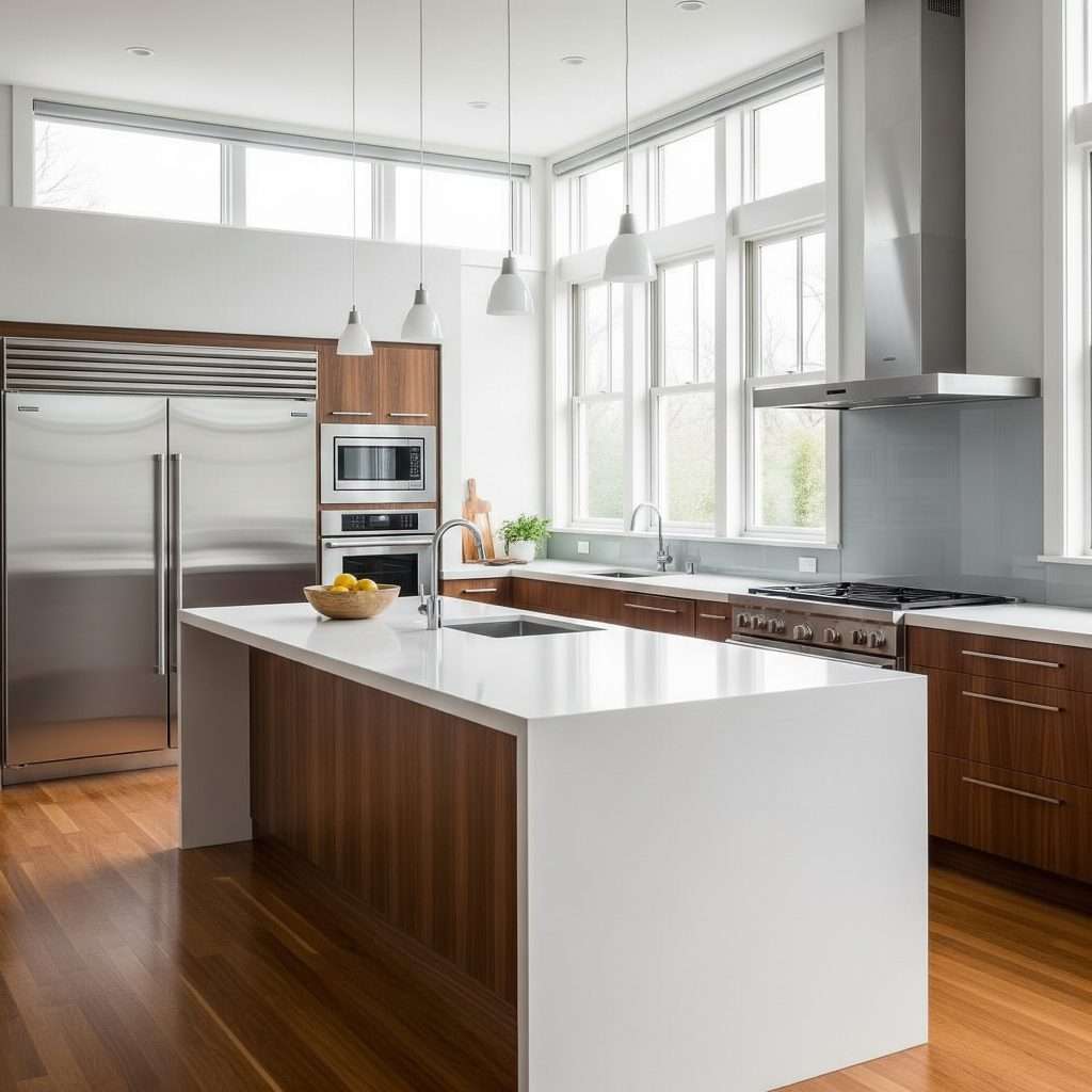 Modern luxury kitchen with waterfall quartz counter top, hardwood finish, stainless steel appliances. Nice natural lighting and pendant light.