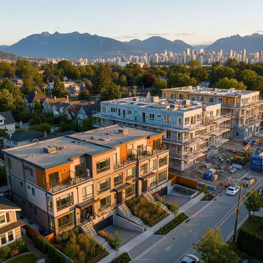 An aerial view of a Vancouver neighborhood at sunset, showing a mix of new multiplexes and older single-family homes. In the foreground, a modern three-story multiplex with a grey and wood exterior is complete with landscaping. Next to it, other multiplexes are under construction. In the background are the mountains and the Vancouver skyline.