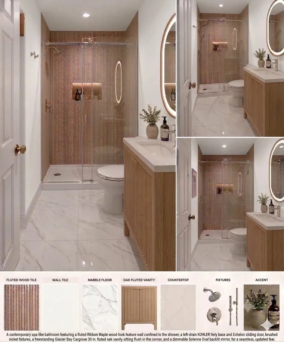 Bathroom renovation design and material plan for the vanity, shower, tile and fixtures